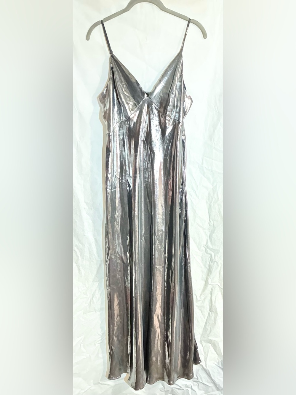 Anthropologie Liquid Silver Slip Maxi Dress Sz M Metallic Formal Party NEW wtag